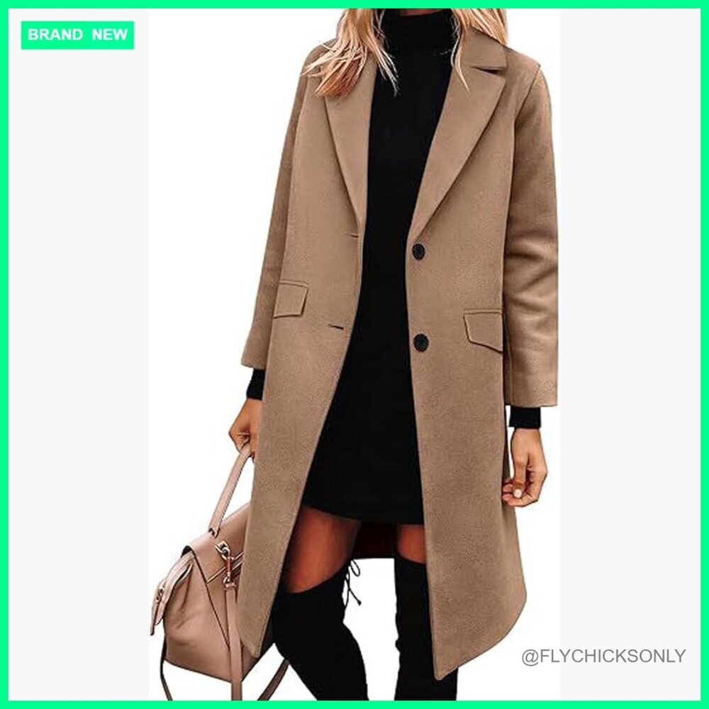 Women's Polyester and Wool Blend Pea Coat Notched Lapel Long Jacket